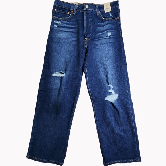 Levis Womens Ribcage Straight Ankle Jeans Distressed High-Rise Slim Fit 31 X 27 - Picture 1 of 13